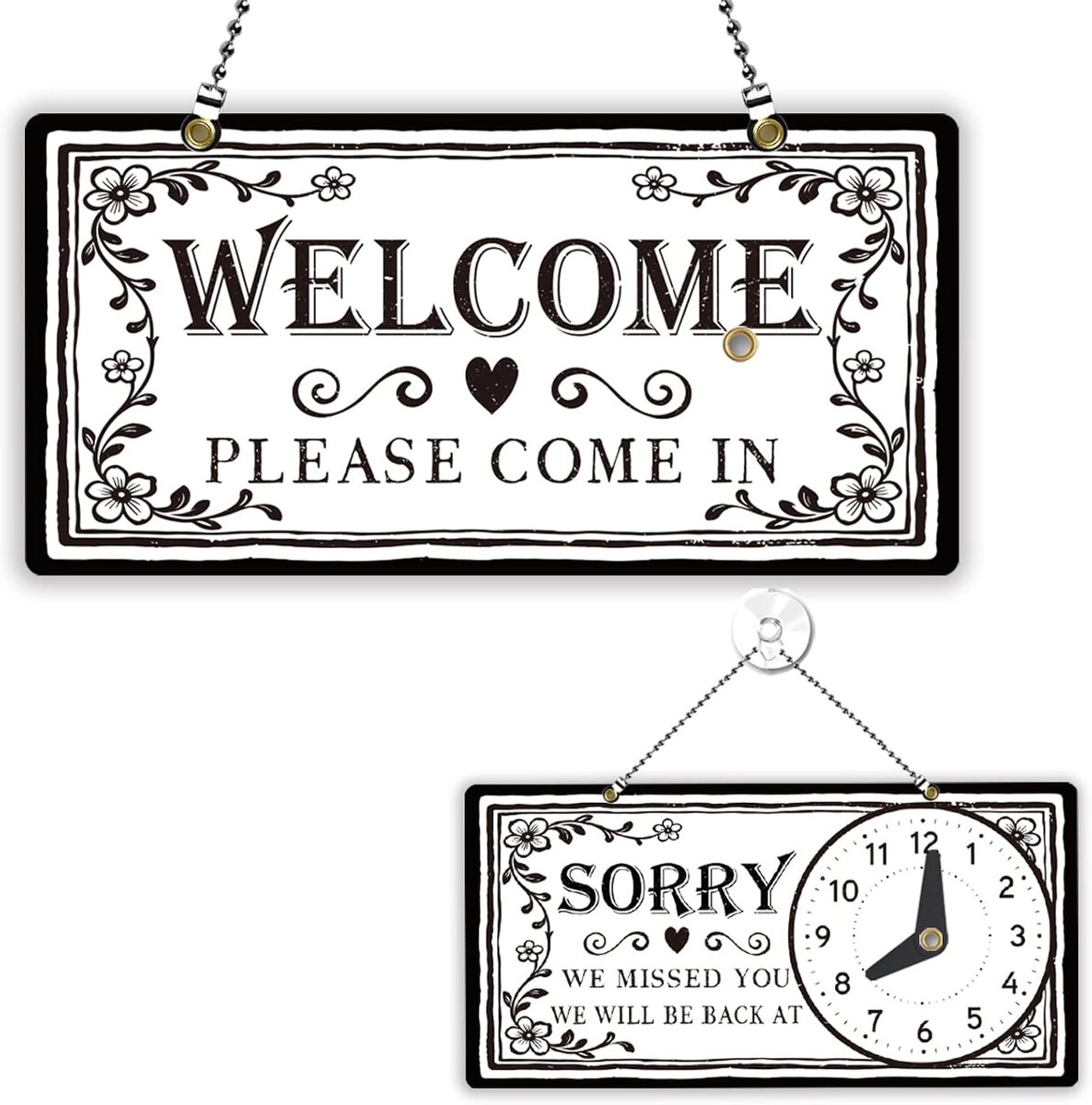 Welkomstbord met bloemenrankenpatroon dubbelzijdig met klok "geopend" of "gesloten" Sorry We hebben u gemist voor etalage muur decor whiteboard tekening