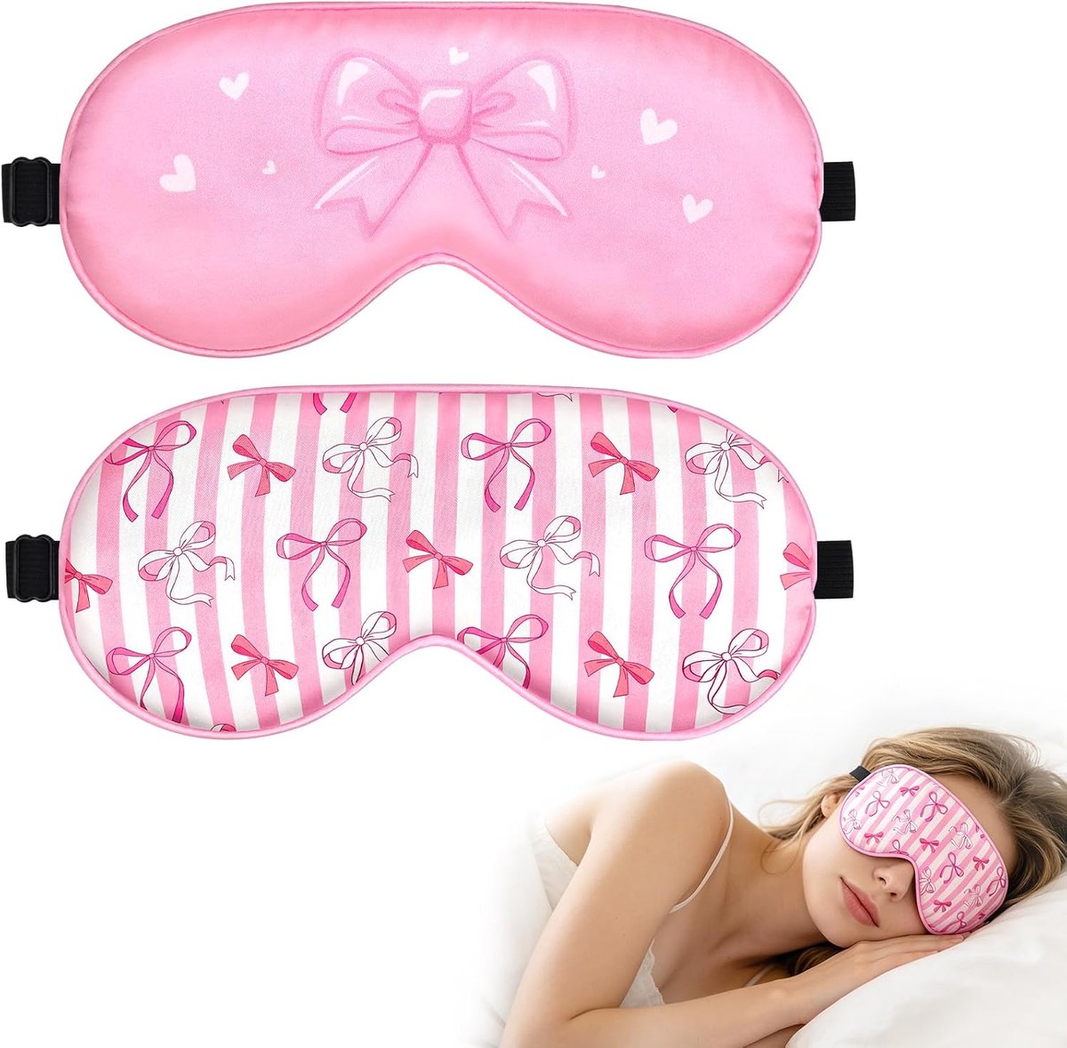 Slaapmaskers voor dames, verduisterend, zijden slaapmasker met verstelbare riem, slaapmuts van zijde voor thuis, op reis en als cadeau (grote strik en gestreepte strik)