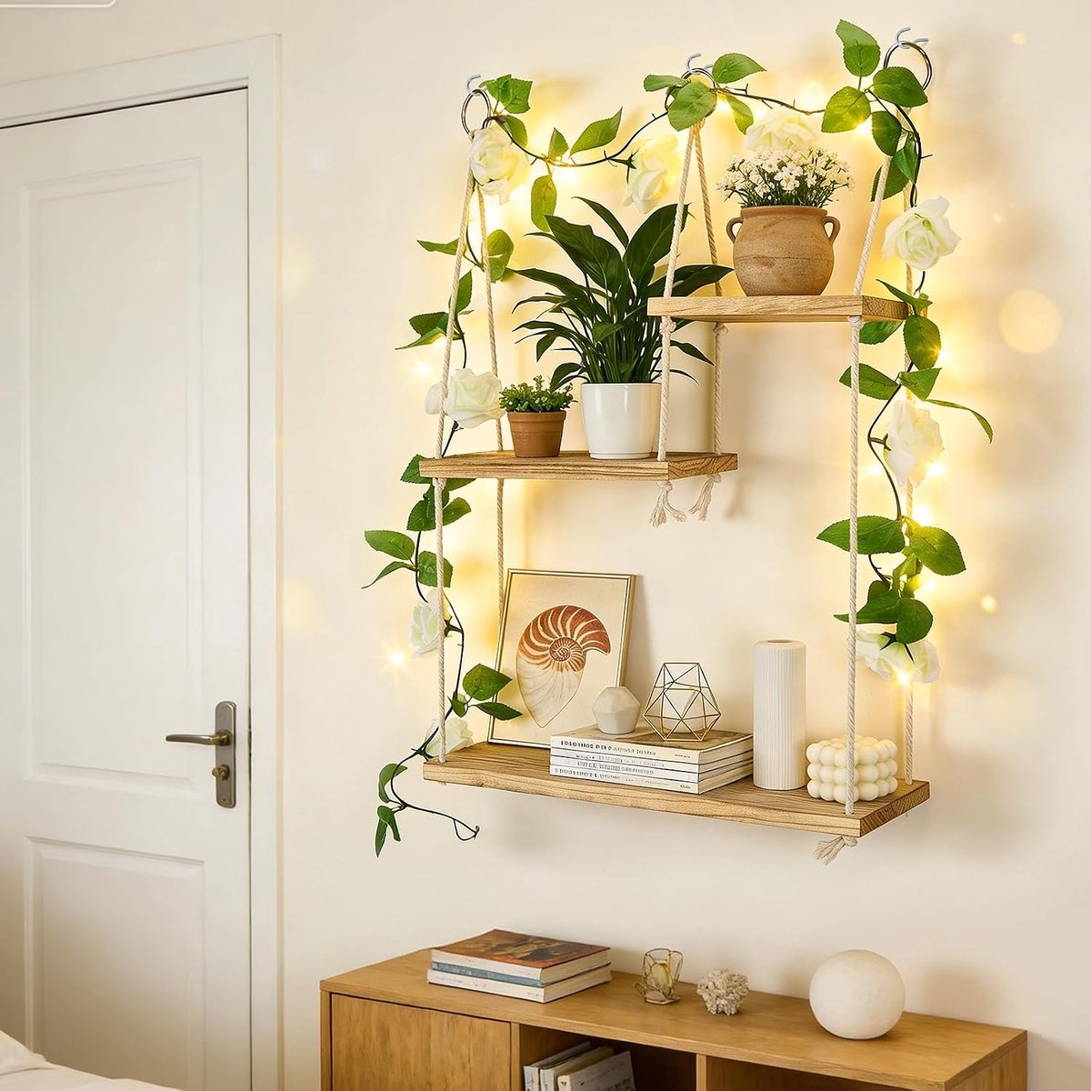 Wandrek met 3 niveaus van hout met lichtdecoratie, boho decoratief hangrek, zwevend rek voor planten, boeken en decoratie, wandmontage bloemenrek voor woonkamer, slaapkamer, balkon