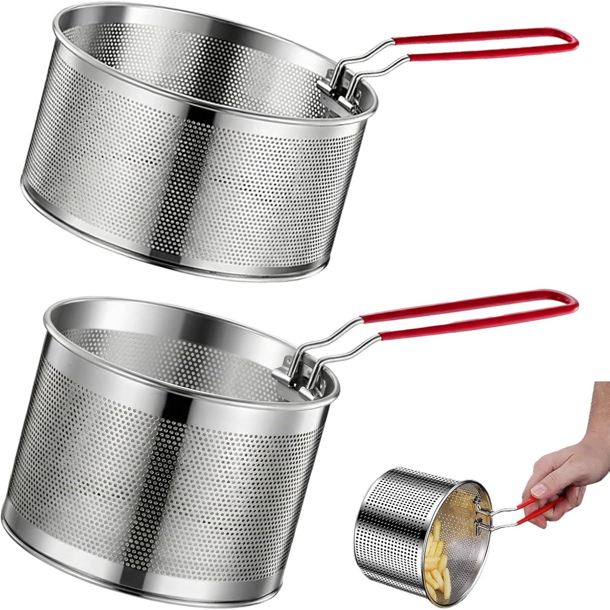 2 stuks roestvrijstalen frituurmand, voedselzeefmand, set noedelzeef frituurmand voor pot noedelzeef met afneembare handgreep voor keuken, pommes drop frituren, koken
