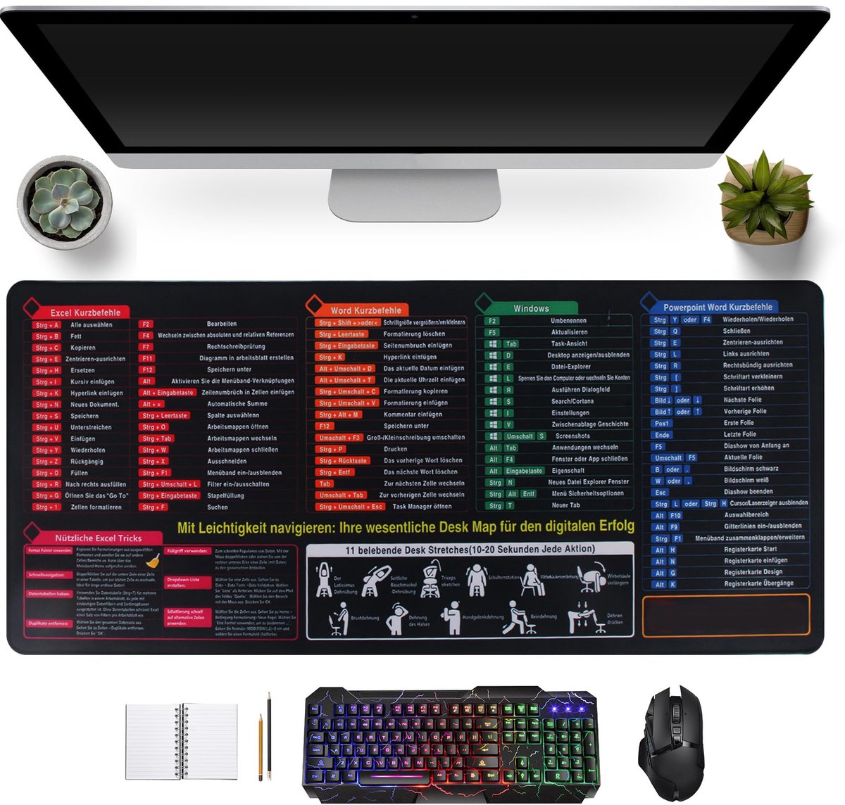Excel muismat XXL 900 x 400 mm - met Duitse sneltoetsen - geschikt voor Word en PPT - optimale werkplek - SnelShoppen