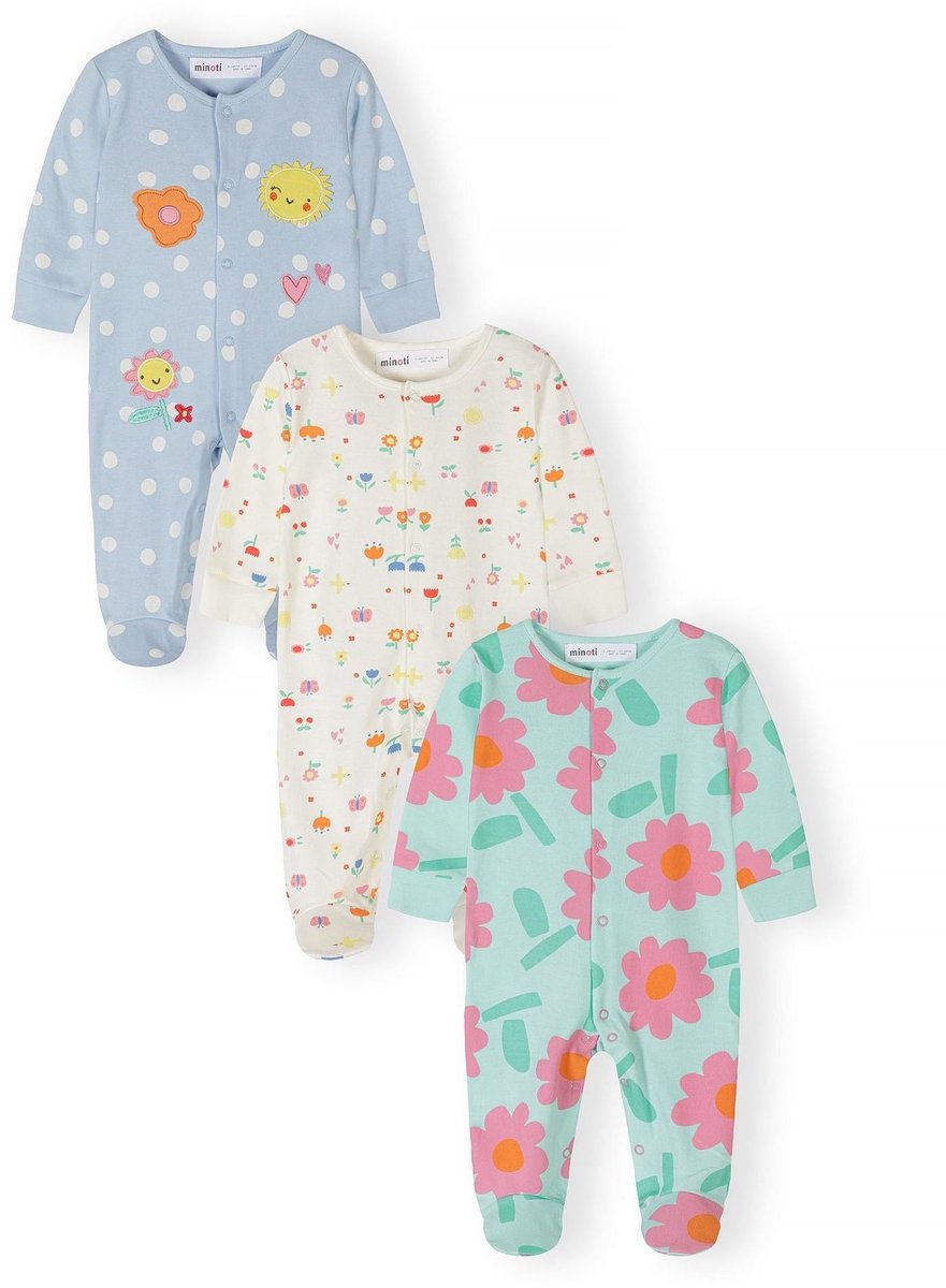 Minoti baby pyjama 3-pack meisjes onesie - lange mouw bloemen
