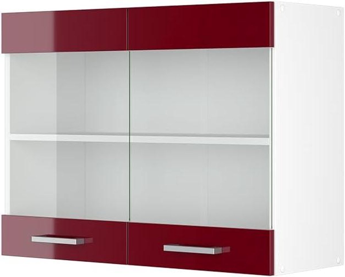 Wandkast - Opbergkast - Hobbyruimte Inrichten - Met Glazen Deuren - 80 cm Breed - Bordeaux Hoogglans