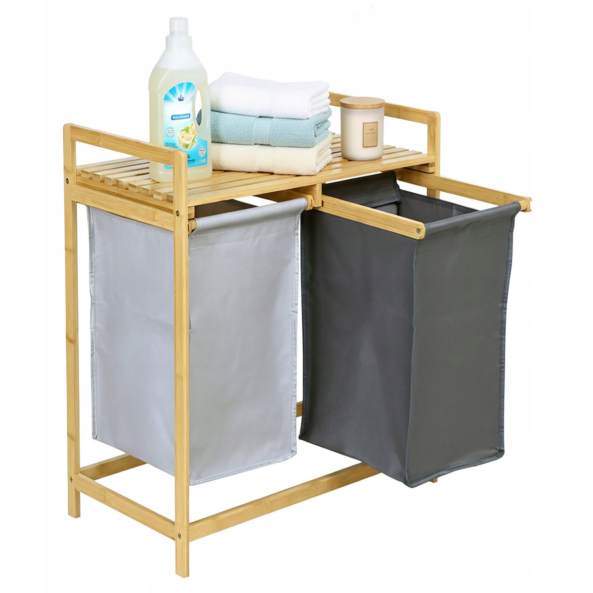 Bamboe wasmand met 2 vakken, 80L, staand, met plank