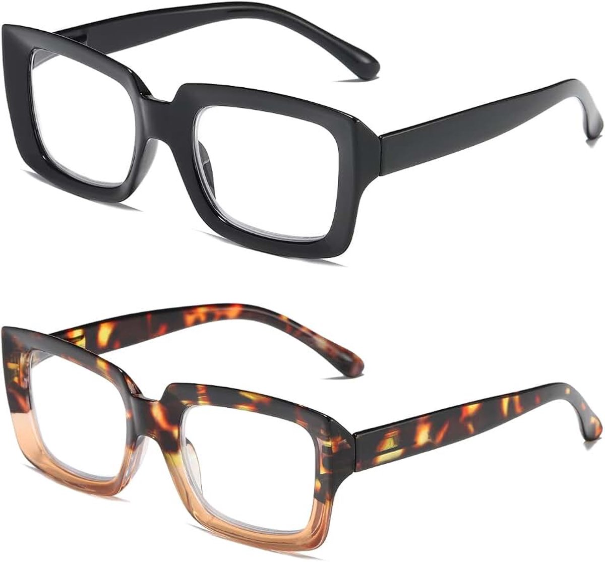 2 stuks leesbril voor dames, rechthoekig, oversized vierkant frame, anti-blauw licht bril