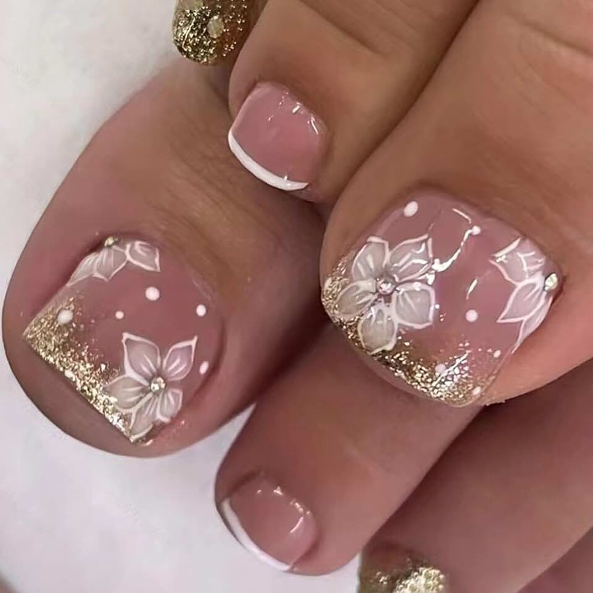 24 stuks Franse teennagels om op te plakken, vierkant, kort, 3D-bloemen, kunstteennagels, glitter, strass, om te plakken, zomer, valse teennagels, acryl, volledige cover, teennagels voor vrouwen en