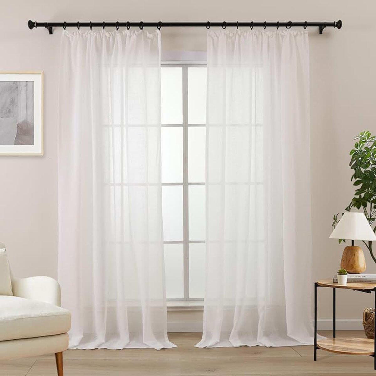 LZE2217T-OW145, gordijnen, wit, linnenlook, met plooiband, voor woonkamer, slaapkamer, raam, wit, set van 2, transparant, linnen, natuurlijke kleuren, 130 x 145 cm, kort
