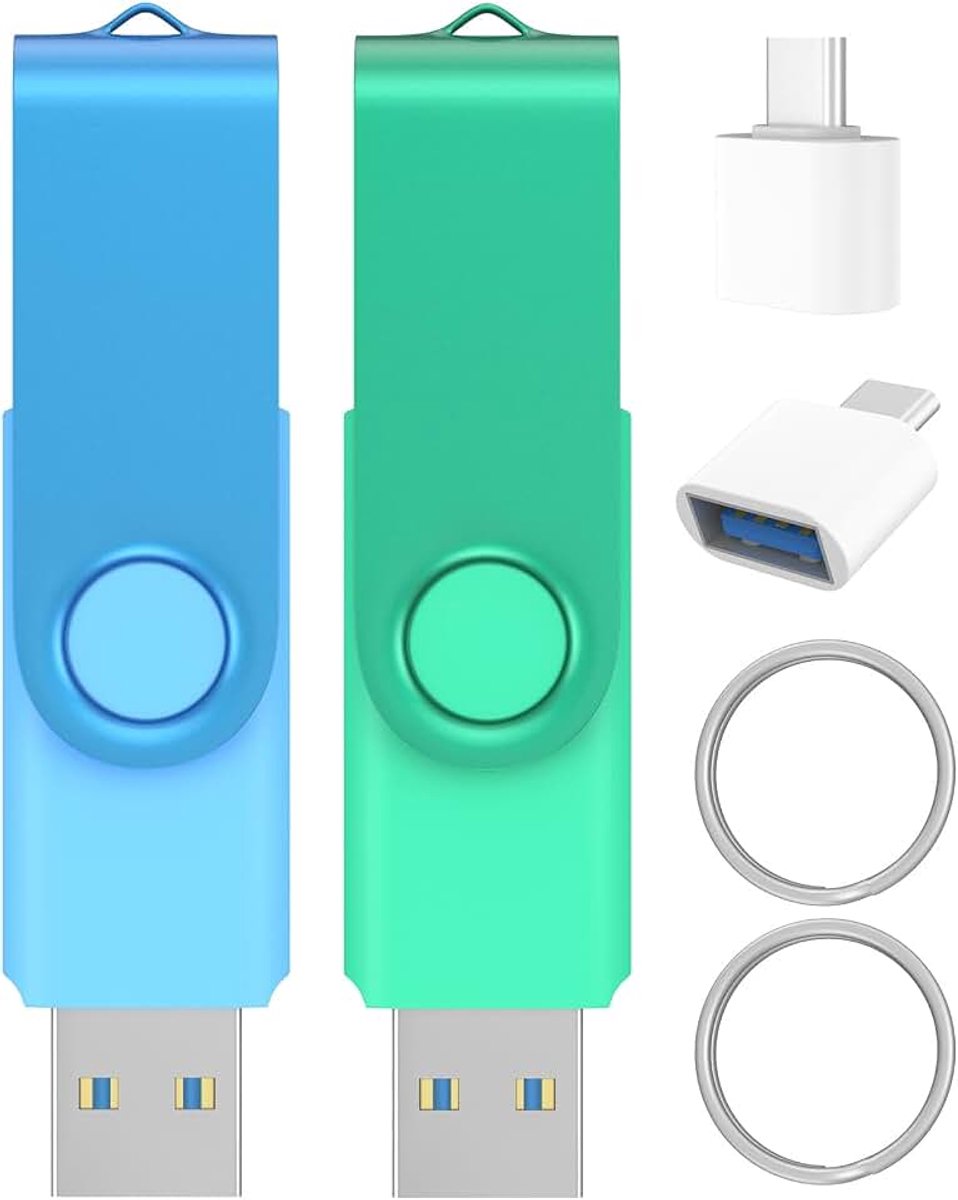 USB-stick 32GB 2 Stuks USB 3.0 Memory Stick Hoge Snelheid Thumb Drives, Wooolken Swivel geheugensticks Portable Data Storage met 5 sleutelhangers en 5 adapters | Draaibare pendrive met sleutelhangers USB-stick voor back-up van gegevensopslag