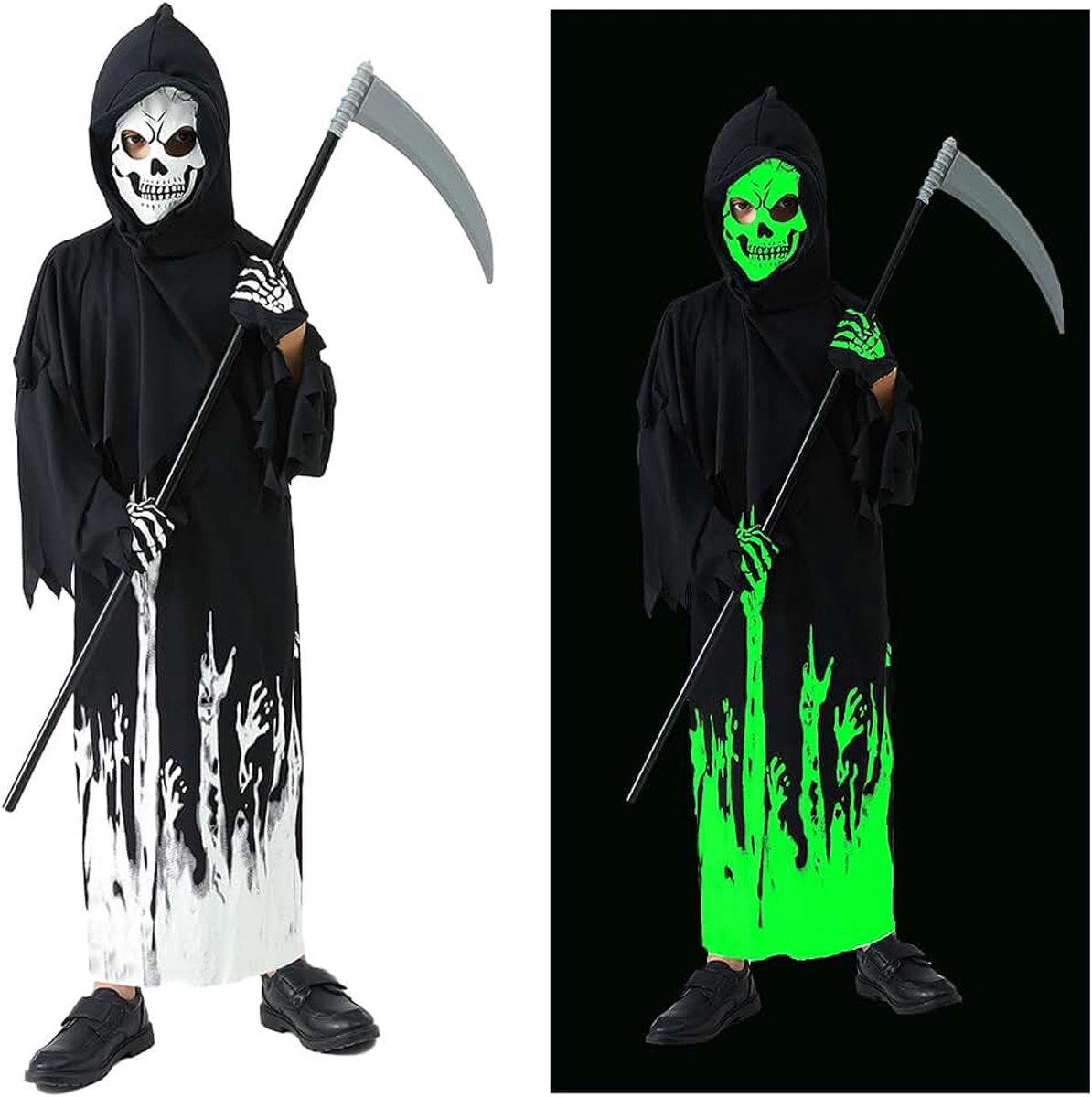 Kostuum voor kinderen, lichtgevende Grim Reaper, Halloween-outfit voor jongens en meisjes, griezelige verkleedset voor carnaval en Halloween