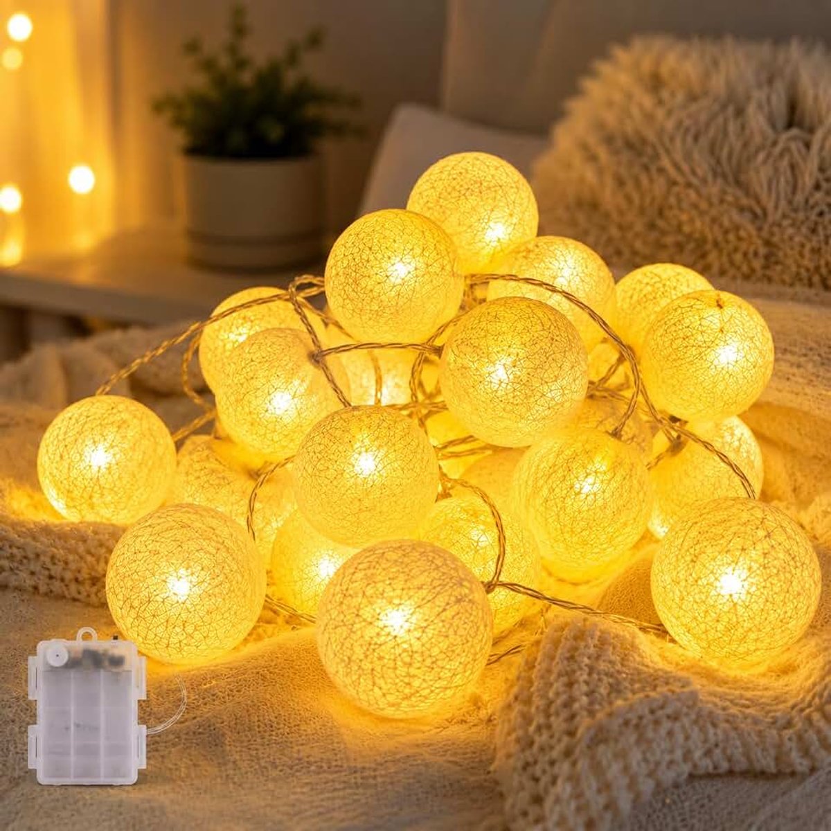 Led-lichtsnoer met 20 katoenen ballen, roze lichtketting, katoenen bal, nachtlampje, bruiloft, Kerstmis, meisjes, kinderkamer, interieurdecoratie