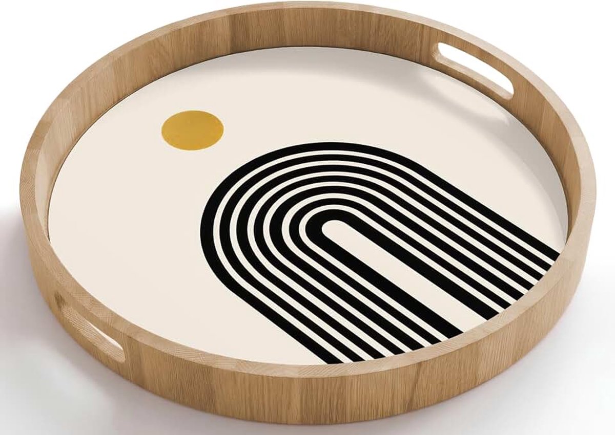 Rond 50x50 cm Houten Dienblad Met Handgrepen Eikenhout Krasbestendig Hittebestendig Wooden Serving Tray Koffie Eten Minimalistisch - Zwarte boog - Gouden cirkel