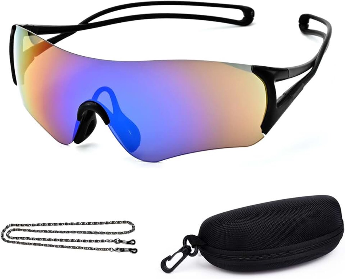 Brillenkoker + brilketting, sportzonnebril, fietsbril, uv-bescherming, fietsen, motorrijden, hardlopen, skiën