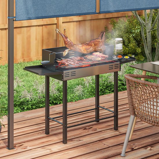 Houtskoolbarbecue met rooster op 3 niveaus en opvouwbare zijplanken, 118 x 32 x 90 cm, zwart — afbeelding 2