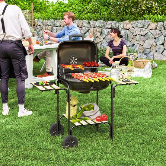 Houtskoolbarbecue van staal, barbecuewagen met afsluitbaar deksel, grillrooster, wielen, handgreep, houten legplank, 98 x 54 x 91 cm, zwart — afbeelding 3
