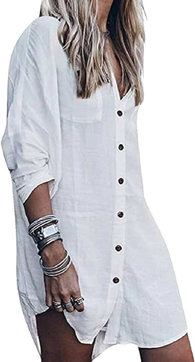 Overhemd voor dames, opstaande kraag, jurk met lange mouwen, elegant, effen, casual, strandjurk voor dames, bedrukt, bikini cover-up