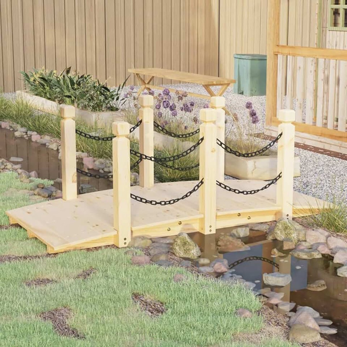 Tuinbrug, vijverbrug, decoratieve brug, houten brug met kettingleuning, tuindecoratie, massief hout, sparrenhout, 150 x 67 x 56 cm