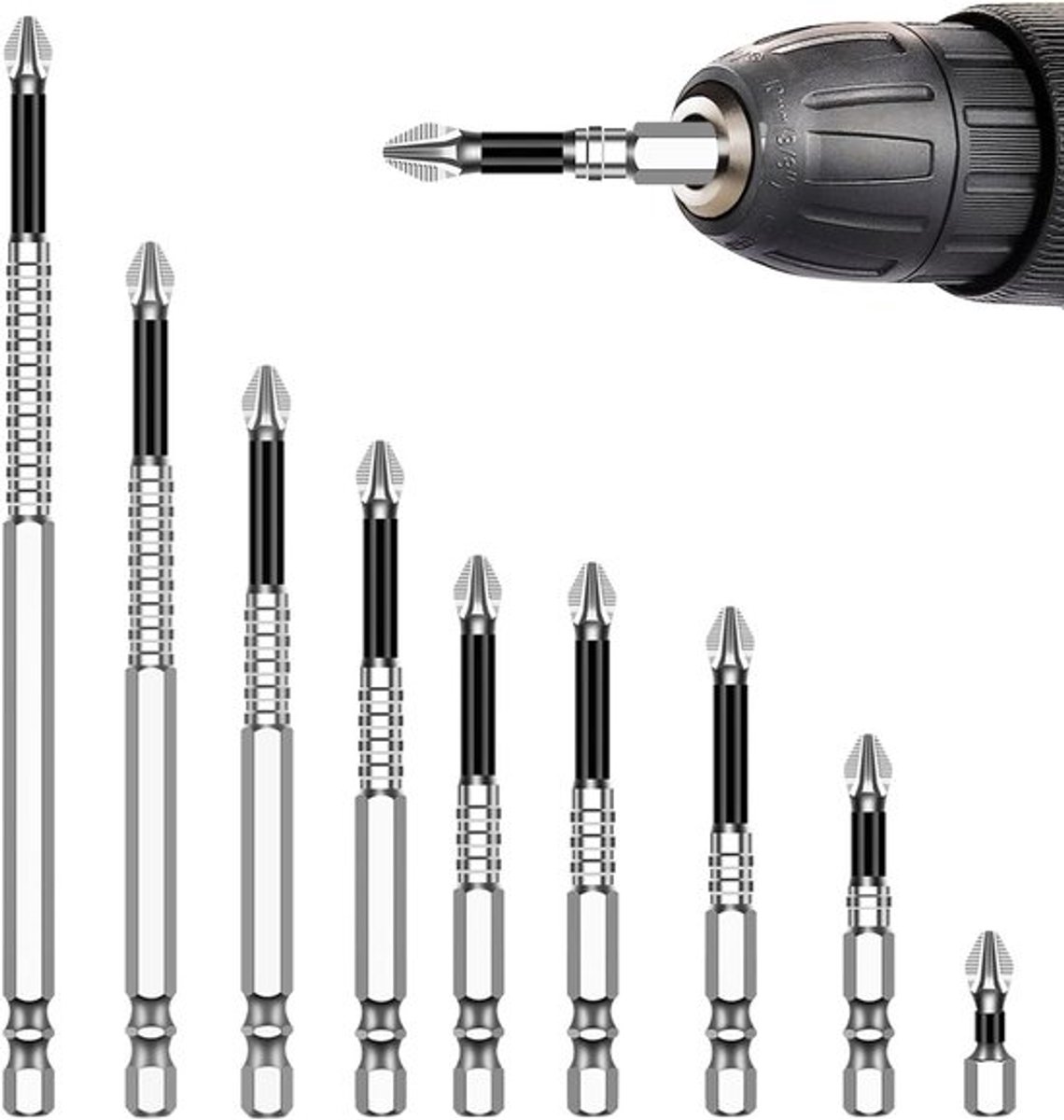 Hoogwaardige 9-delige Magnetische Schroevendraaier Bit Set met PH2 Bits van 25L tot 150L, Ideaal voor Klussen en Doe-Het-Zelf Projecten