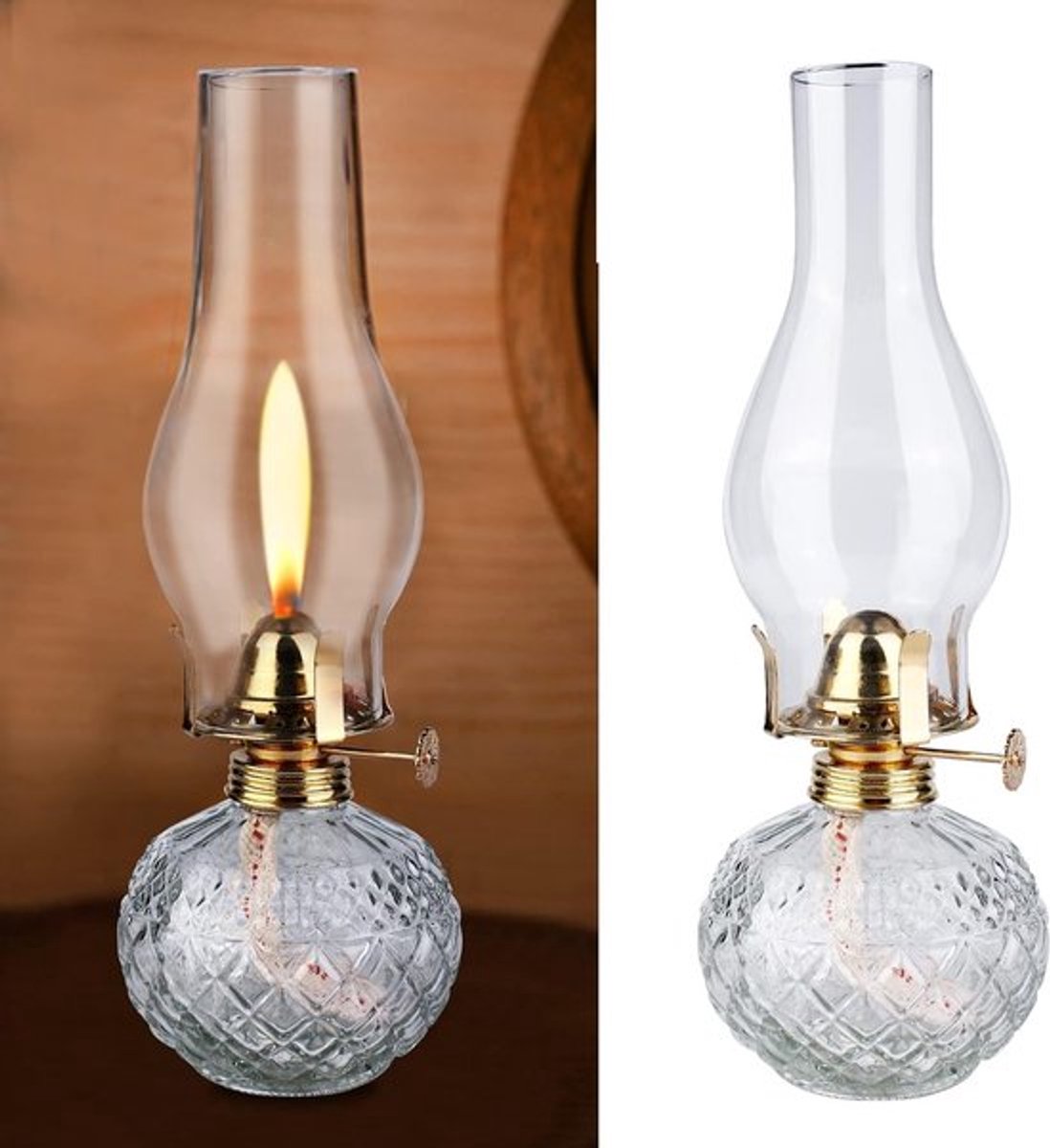 Retro Transparante Glazen Olielamp met Lont en Verstelbare Helderheid voor Woonkamer, Eetkamer en Noodverlichting