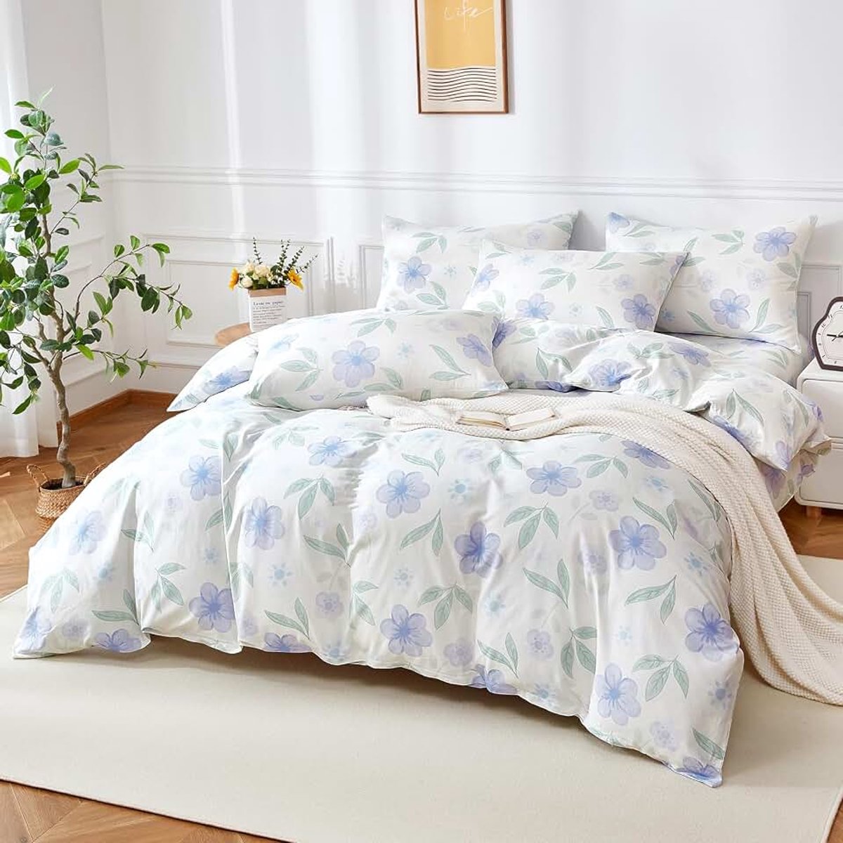 Beddengoed 200x220 katoen Lila Bloemen Patroon Beddengoed Katoen Zacht Knuffelachtig Ademend Beddengoed Bloemen 3-delig voor Meisjes met Ritssluiting en 2 Kussenslopen 80x80 cm