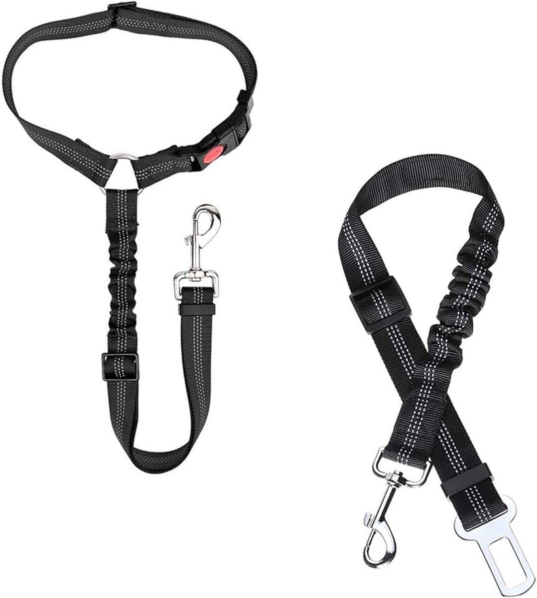 Autogordel voor honden, hoofdsteun hondenautogordel, verstelbare hondenautogordel, met elastische bungee-buffer en reflecterende streep hondenautoveiligheidsharnas, reisaccessoires voor huisdieren