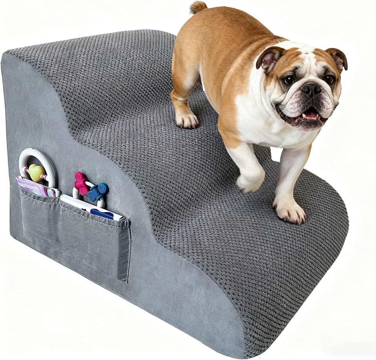 Hondentrap met 3 treden voor kleine honden, met wasbare hoes, 2 opbergzakken en draaggreep, schuimrubberen treden met hoge dichtheid, antislip overtrek, grijs