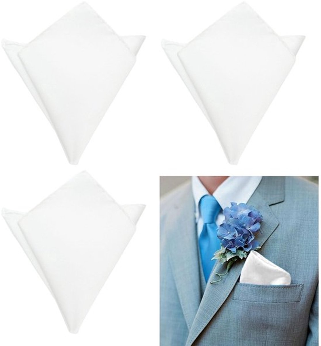 Set van 3 Luxe Witte Satijnen Zakdoeken voor Mannen - Perfect voor Bruiloften en Feesten