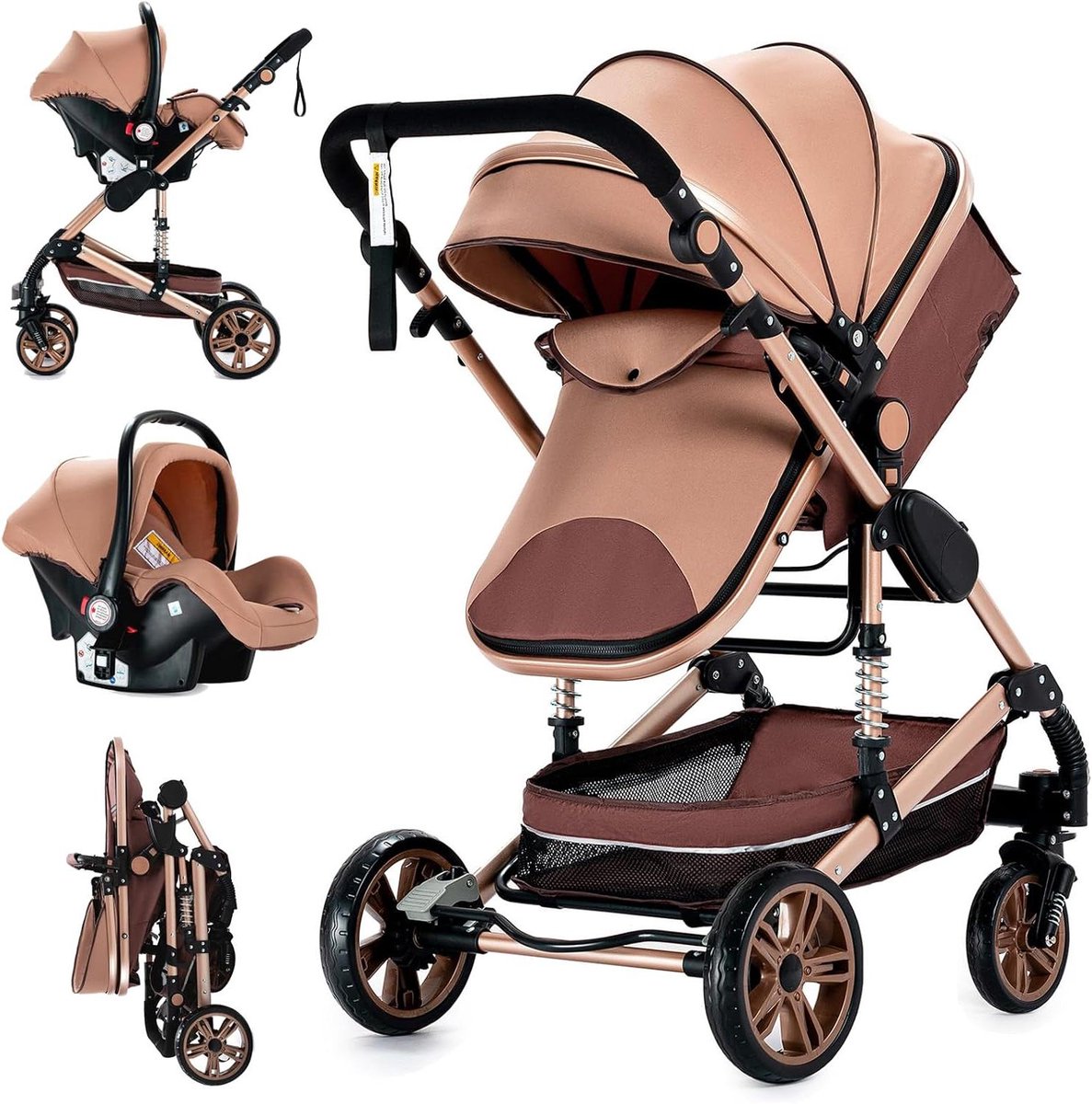 3-in-1 Kinderwagen - Baby Reiswieg - Comfortabel Reizen - Hoog Zicht Ontwerp - 13.5 Kilogram - Beige