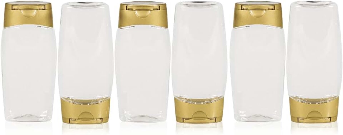 6 x 250 ml Knijpfles Honing PET transparent + Klepdop Goud - PET Kunststof BPA-vrij - Plastic Flessen Navulbaar - Met Dop - Lege Flessen - 6 stuks