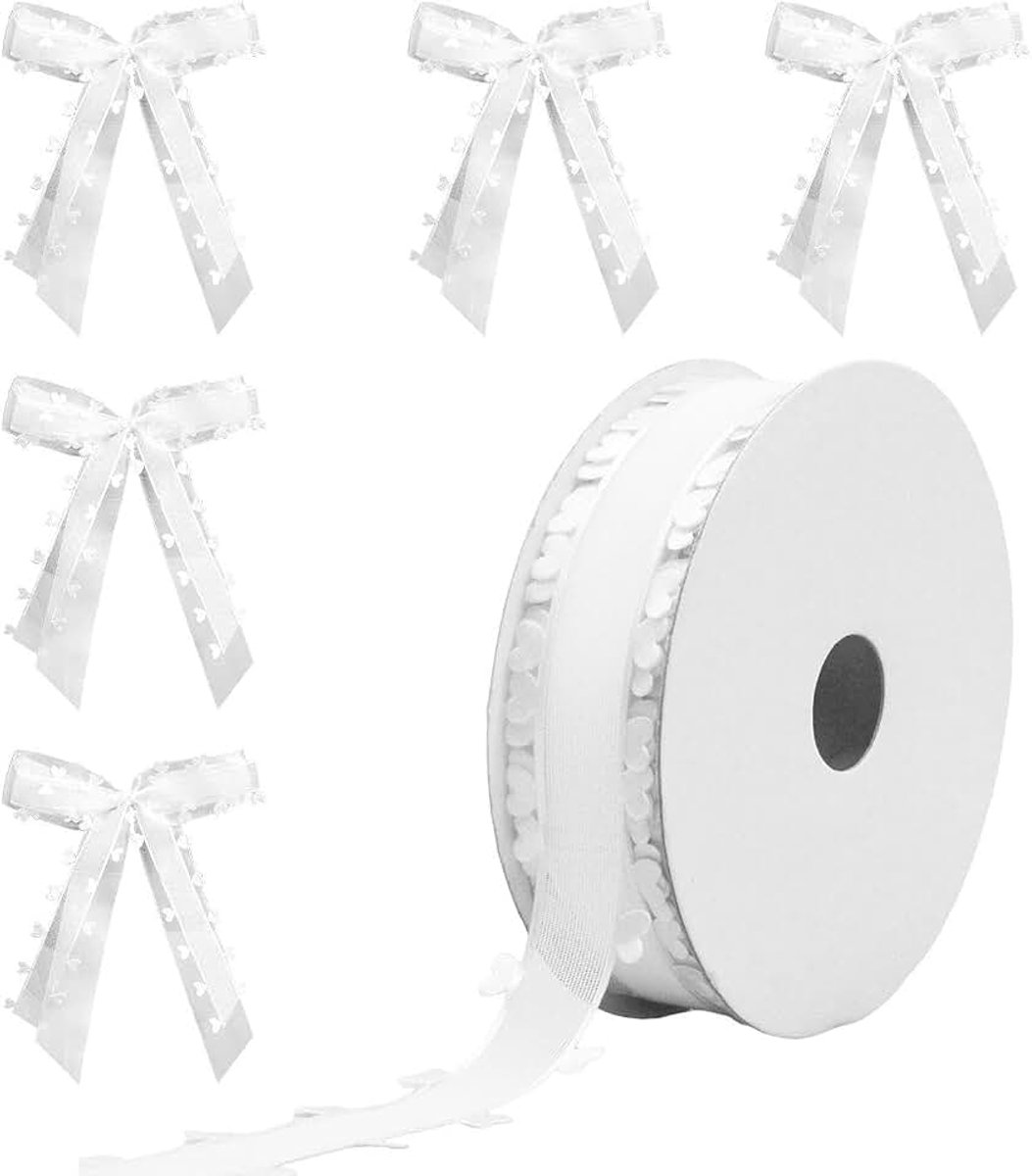 1 rol liefdesgaaze lint, 5 strikken, bruiloftslint, organza lint, wit lint, huwelijkscadeaulint, decoratief huwelijkscadeaulint, hartvormig lint