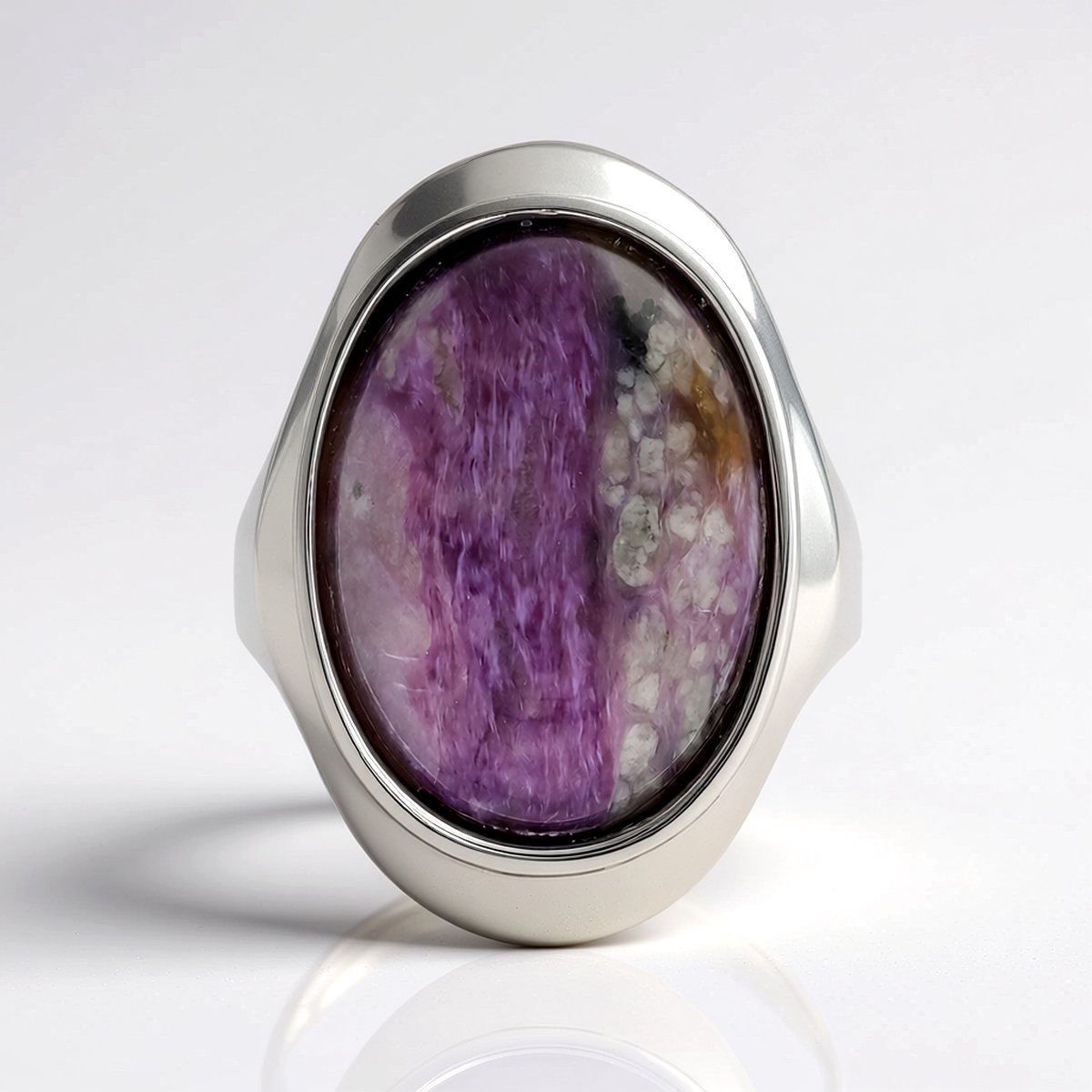 Cavill - Zilveren ring met rhodium - 10,07 ct ovale cabochon Russische Charoiet - verstelbare luxe ring met paarse edelsteen