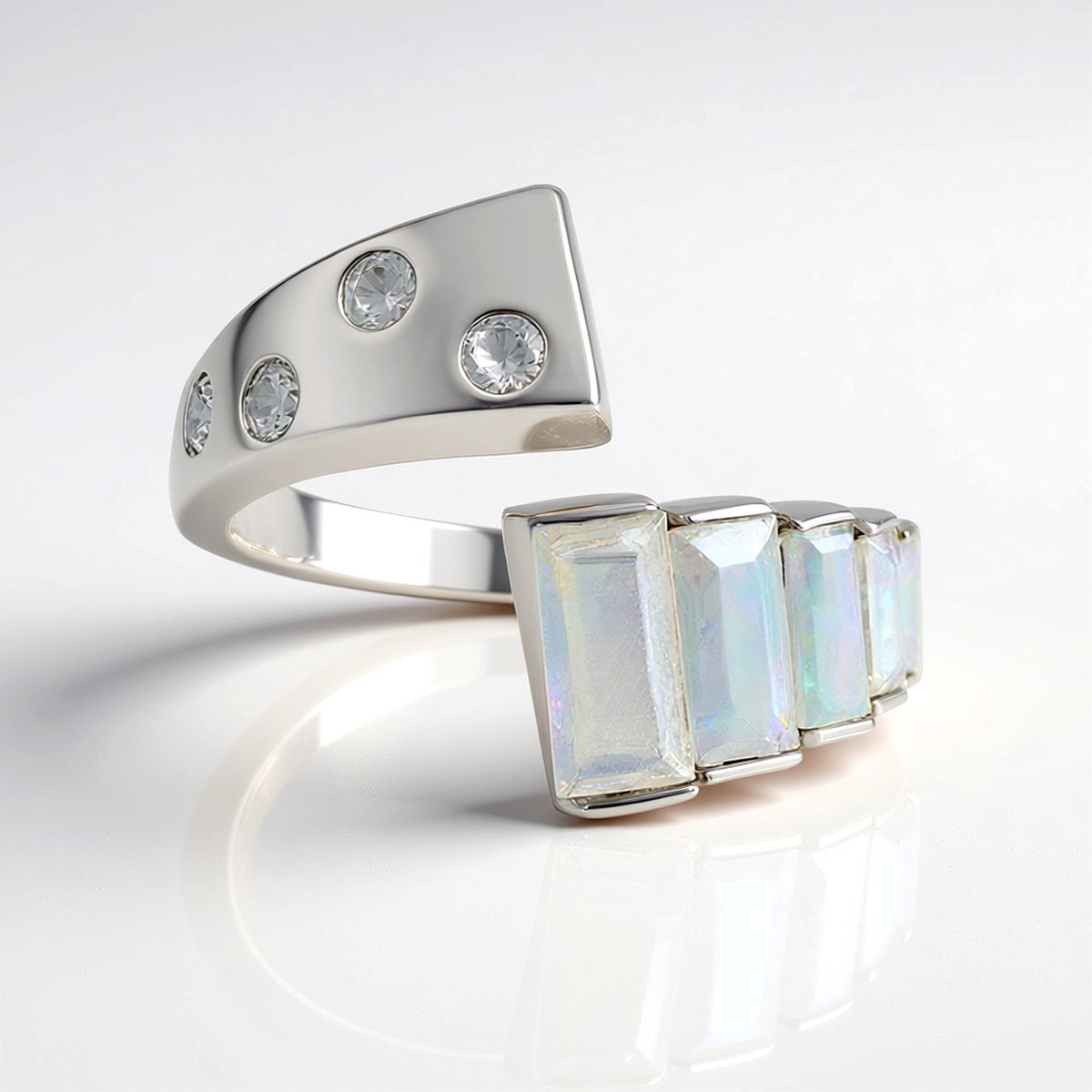 Cavill - Elegante Damesring - 925 Sterling Zilver Platina Geplateerd - AAA Welo Opaal 1,49 ct Baguette Geslepen - Luxe Zirkonia Ring
