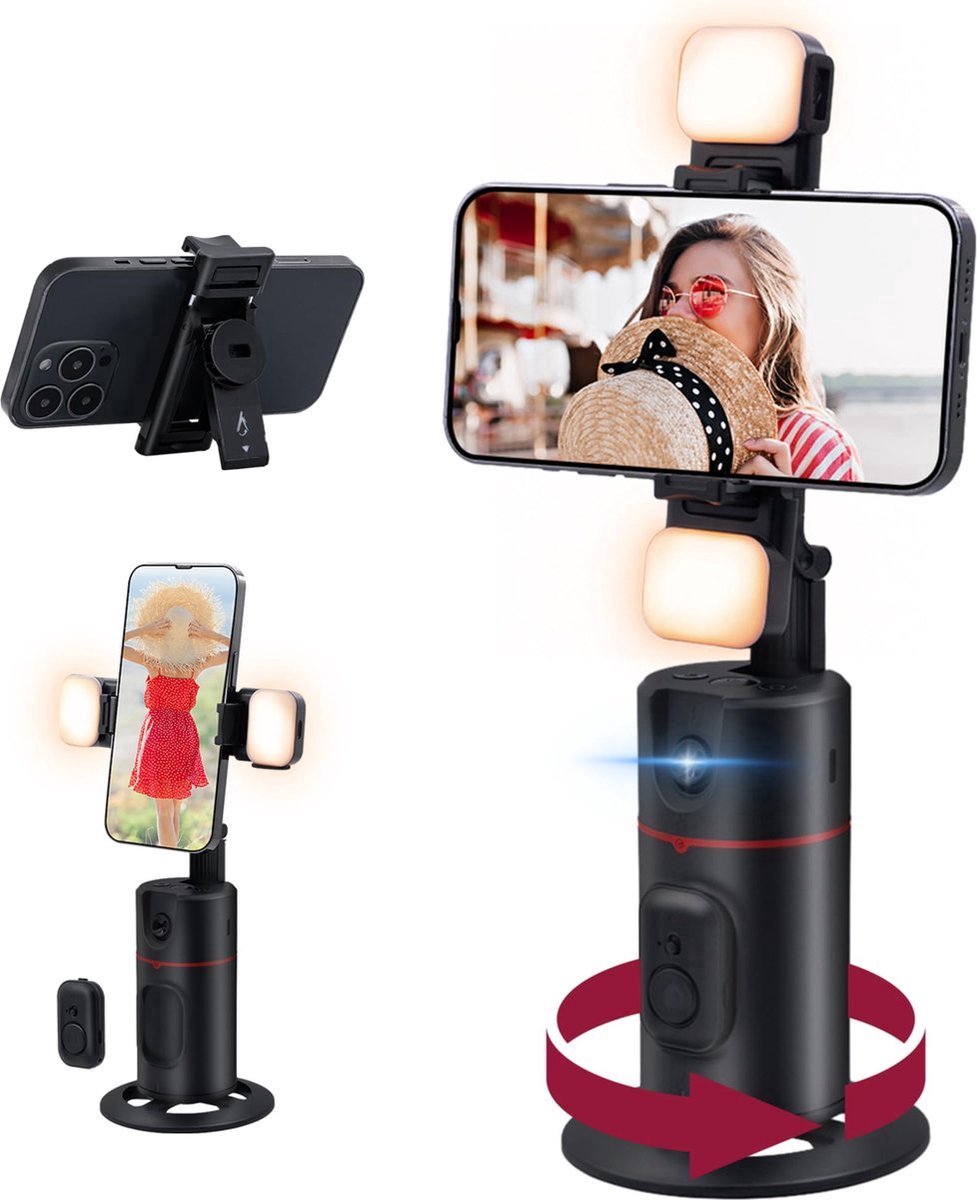 Mobiele telefoon statief - met automatische gezichtsherkenning - 360° Rotatie Tracking Statief - Selfie Stick-statief met Bluetooth afstandsbediening - Gebarenbesturing - voor vlog/Tik Tok live video-opname - Met invullicht