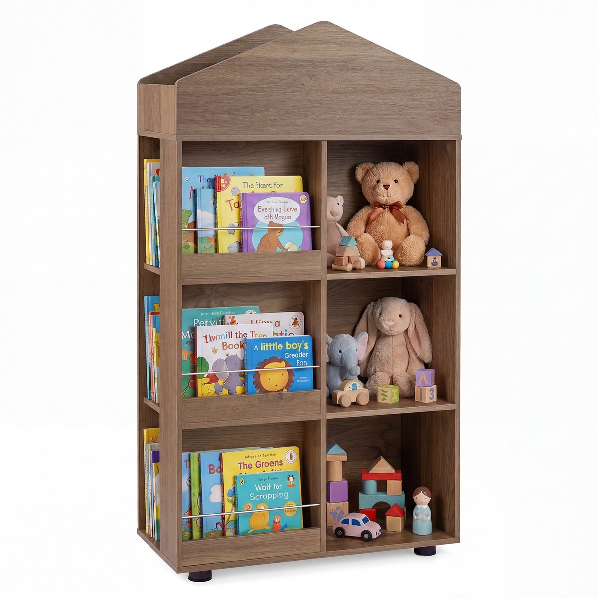COSTWAY Boekenkast Kinderen Huisvorm, Kinderkast met 6 Vakken, 3 Zijvakken & Bovenvak, Speelgoedrek Montessori, Kinderboekenkast van Hout voor Kinderkamer, 64 x 30 x 116 cm (Bruin)