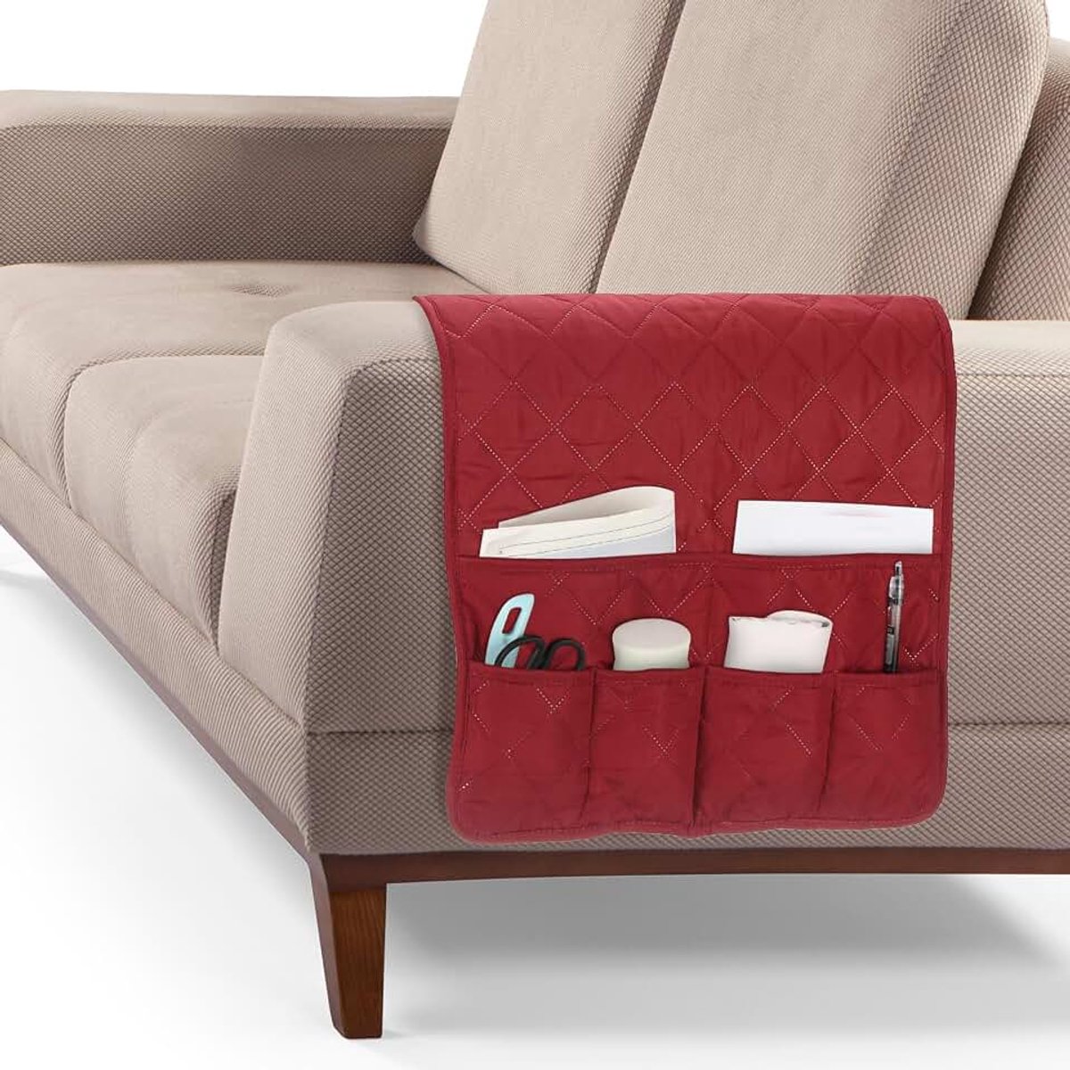 Armleuningorganizer voor bank, antislip, voor stoel, armleuning, ligstoel, afstandsbediening, organizer met 6 vakken voor boeken, tijdschriften, tablet, telefoon, geruit, wijnrood