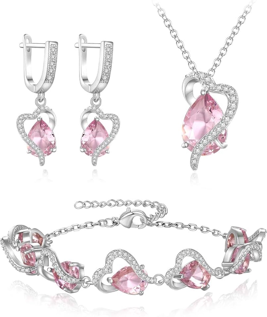 Sieradenset, druppelvormige zirkonia, party, liefde, hart, halsketting, oorbellen, tennisarmband, set voor verjaardag, Moederdag, sieraden, geschenken voor mama/vrouw/vriendin