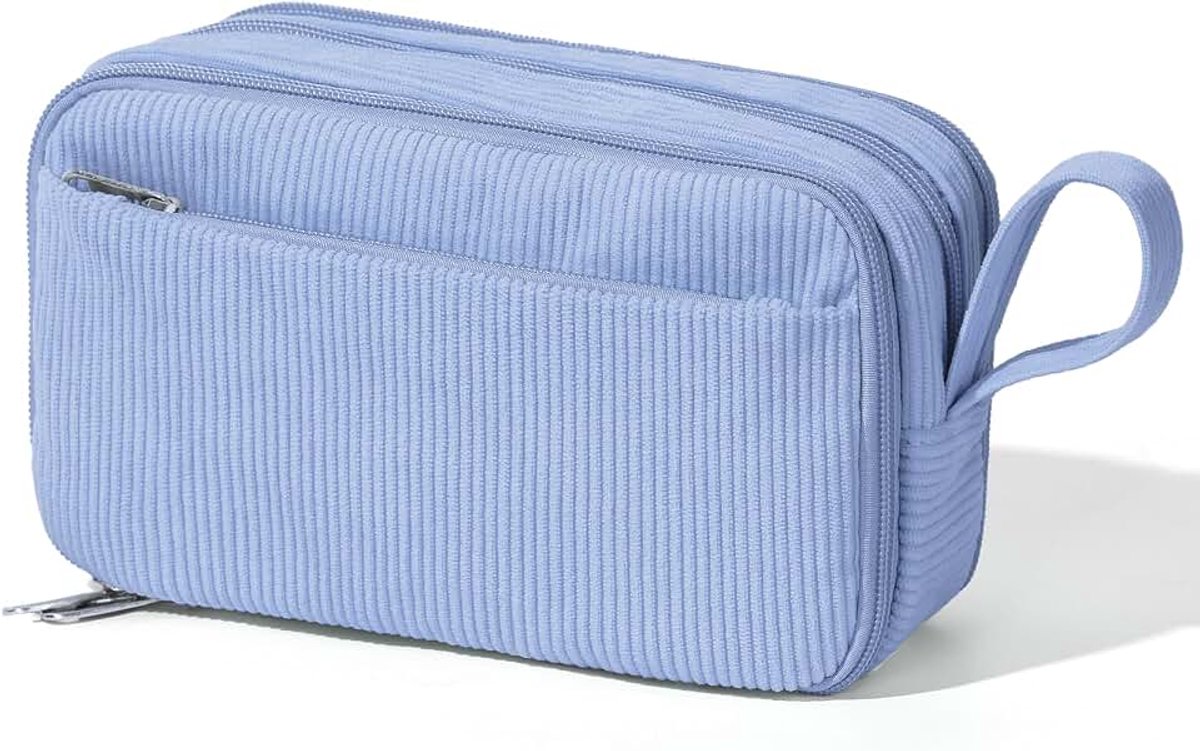 Pennenetui met grote capaciteit en rits - corduroy bloemenpatroon, pennenetui voor kantoor, school, briefpapier, organisatie, afstudeercadeau, Blauw, L, Effen kleur