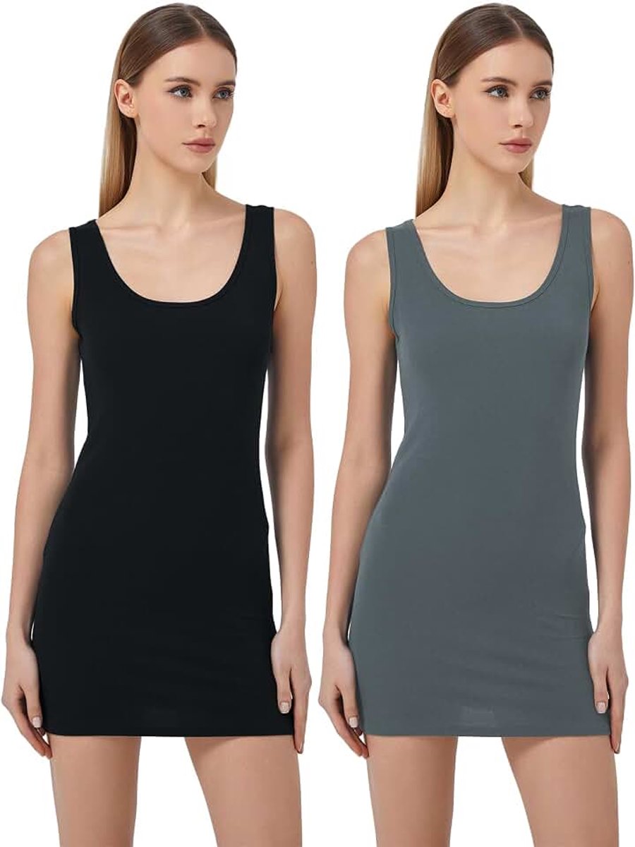 Lange mouwloze tanktop met fijne ribstructuur en stretch voor dames, set van 2