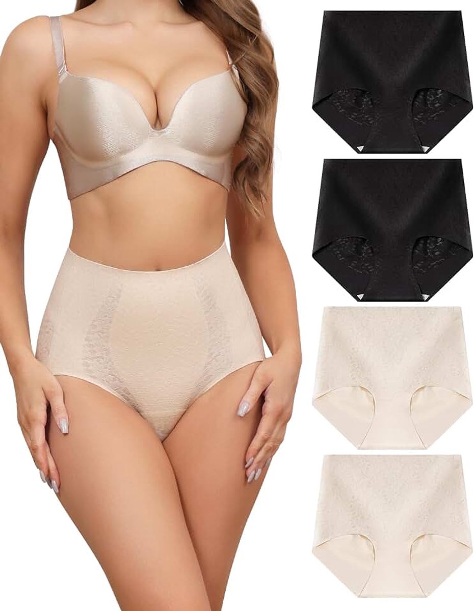 Corrigerende slip voor dames, platte buik, vormgevende slips, hoge taille, slips, onzichtbaar, naadloos, shapewear, set van 4 S-XXL