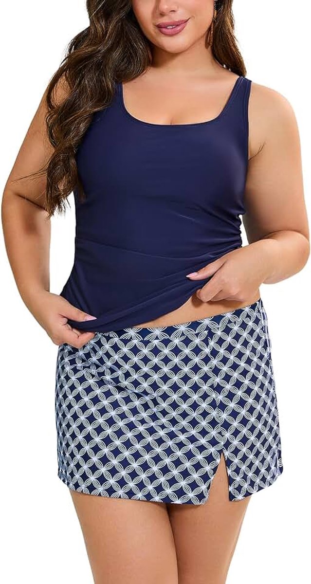Elegante tankini voor dames, ruches, buikweg, slank, tweedelig badpak, tankini, bovendeel met rok, grote maten, badmode, M-3XL