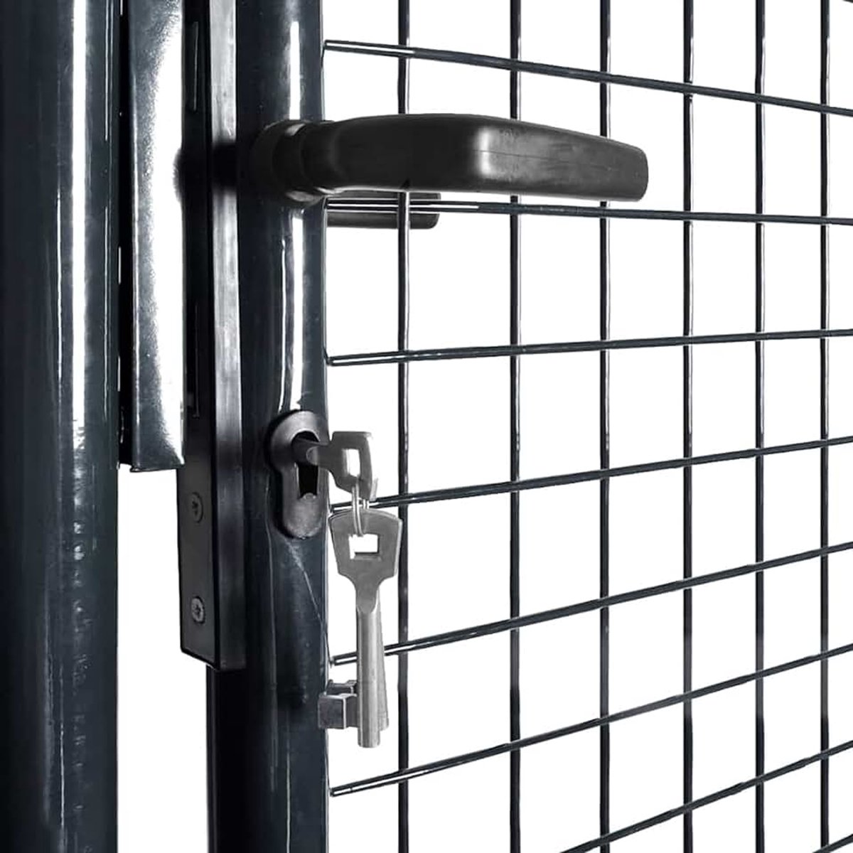 Mesh tuinpoort, metalen poort, tuindeur, hekdeur, tuinpoort, hekpoort, opritpoort, enkele poort, dubbele poort, tuinhek, gegalvaniseerd staal, 85,5 x 100 cm, grijs