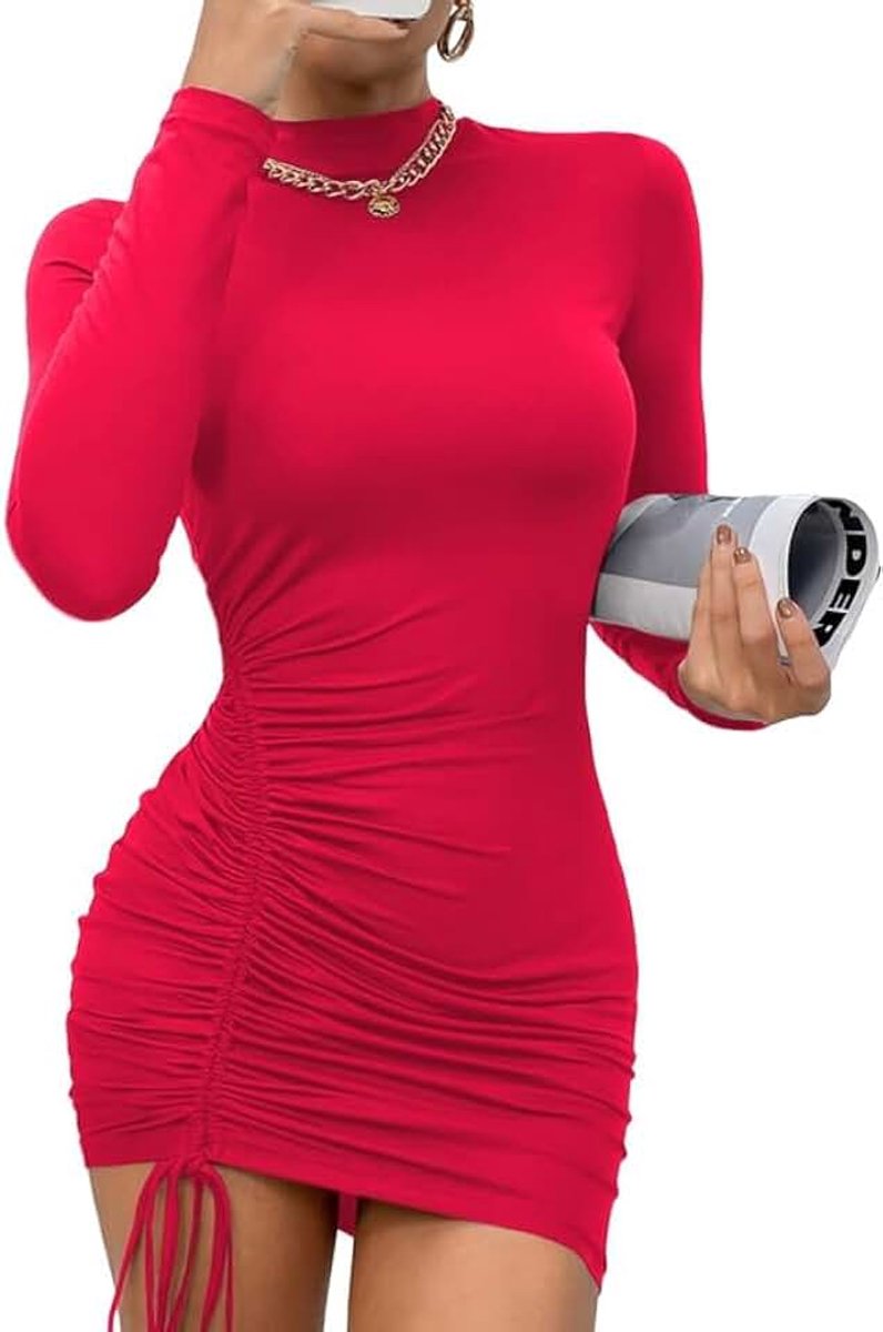 Jurk voor dames, opstaande kraag, bodycon, mini-jurk, lange mouwen, herfstjurk, sexy partyjurk met trekkoord, nauwsluitende stretch, vrijetijdsjurk met trekkoord, modieuze