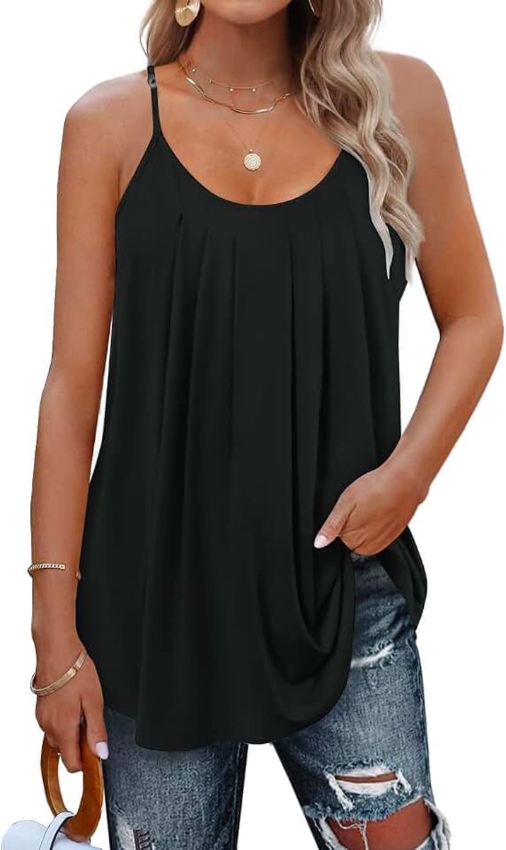 Tanktop voor dames, spaghettibandjes, mouwloos, zomertop, dames, geplooid, ronde hals, blouse, S-2XL, 34-52