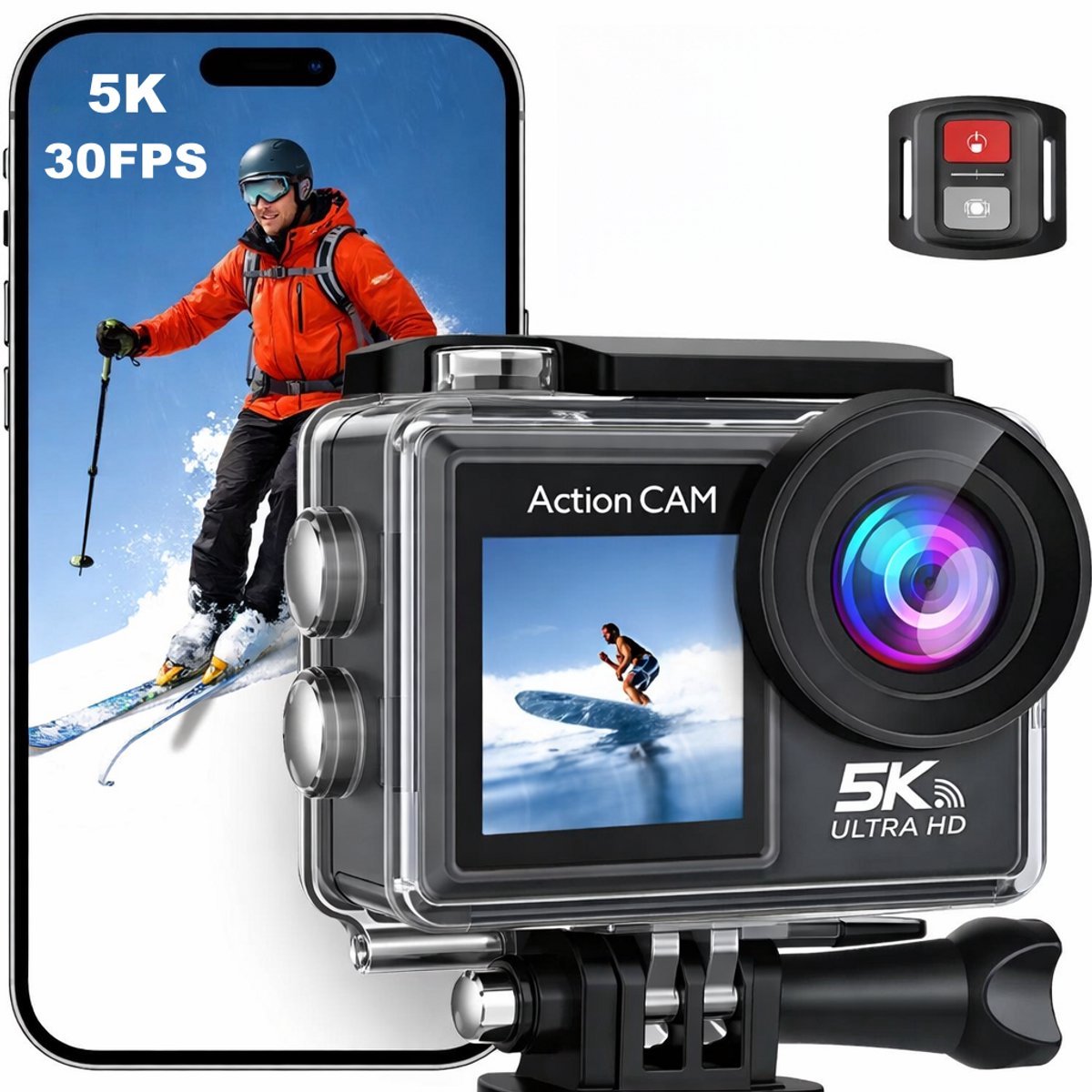 Casalora Action Camera 5K 30FPS 48MP - Touchscreen/ Waterdicht 30m / EIS / WiFi - Inclusief Accessoires - Actiecamera - Onderwatercamera