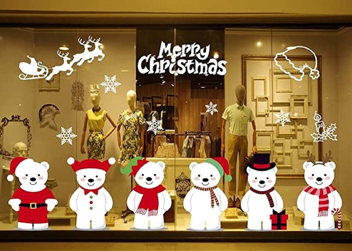 Kerstfeest weinig schattige beer eland kerstdecoratie witte sticker sneeuwvlok waterdicht afneembare stickers voor ramen / huis en bedrijf
