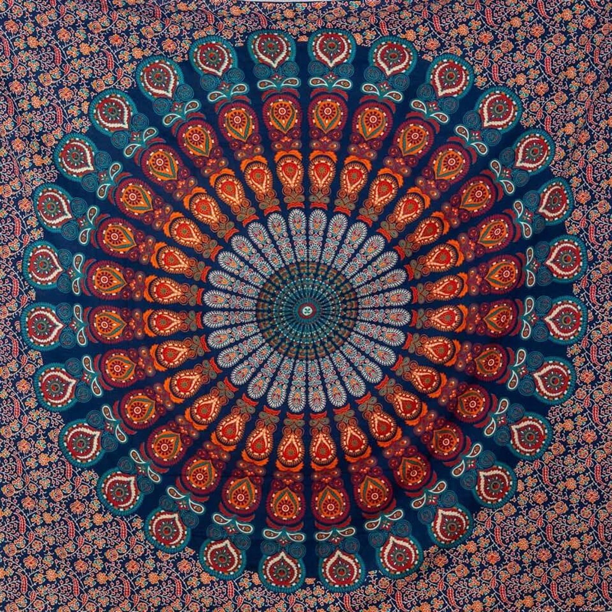 Mandala Wandtapijt Wandhanger - Muurschildering Kunst, 100% Katoen, Boheems & Lichtgewicht - Indiaas Wandtapijt voor Slaapkamer Esthetiek - Blauw en Rood, 210x230 cm