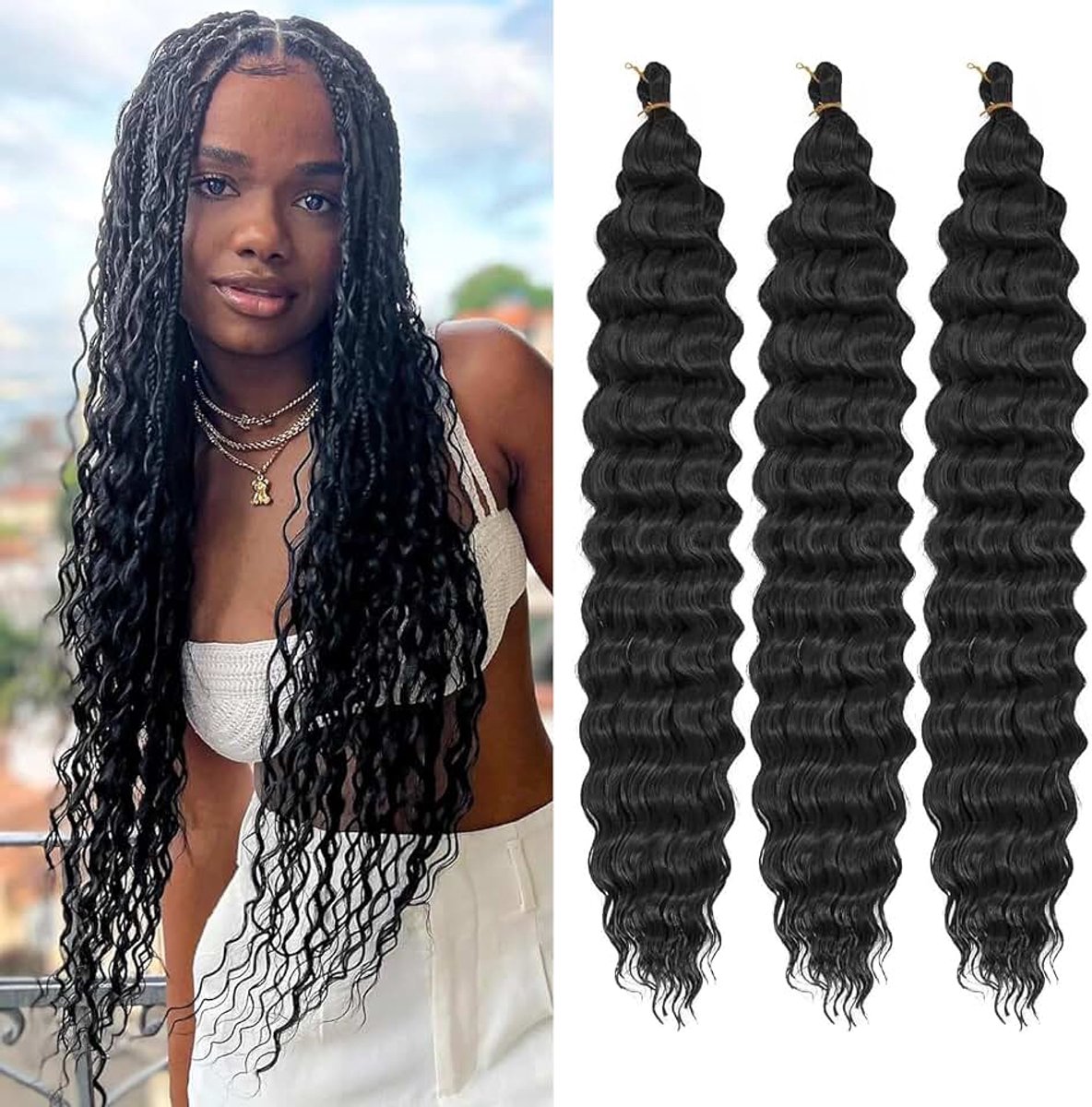 Wave gevlochten haar voor zwarte vrouwen, Deep Wave crochet Hair Ocean Wave crochet, synthetische haarextensie voor boho vlechten (1B#, 51 cm, verpakking van 3 stuks)