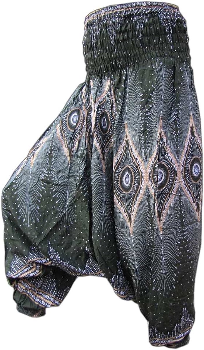 Harembroek unisex - Aladdinbroek & Jumpsuit 2-in-1-2 lengtes | 100% viscose, brede tailleband, pauwoogprint, maten L & XL, tot 2 m, Goa-broek voor yoga & vrije tijd