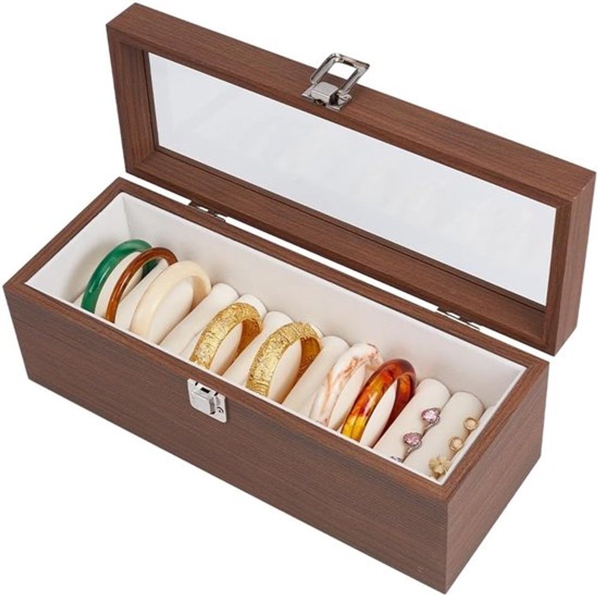 Opbergdoos voor houten ringen met fluwelen binnenkant, 12 sleuven voor armbanden en zichtbare deksel, sieradenopslag 32,5 x 12 x 12 cm
