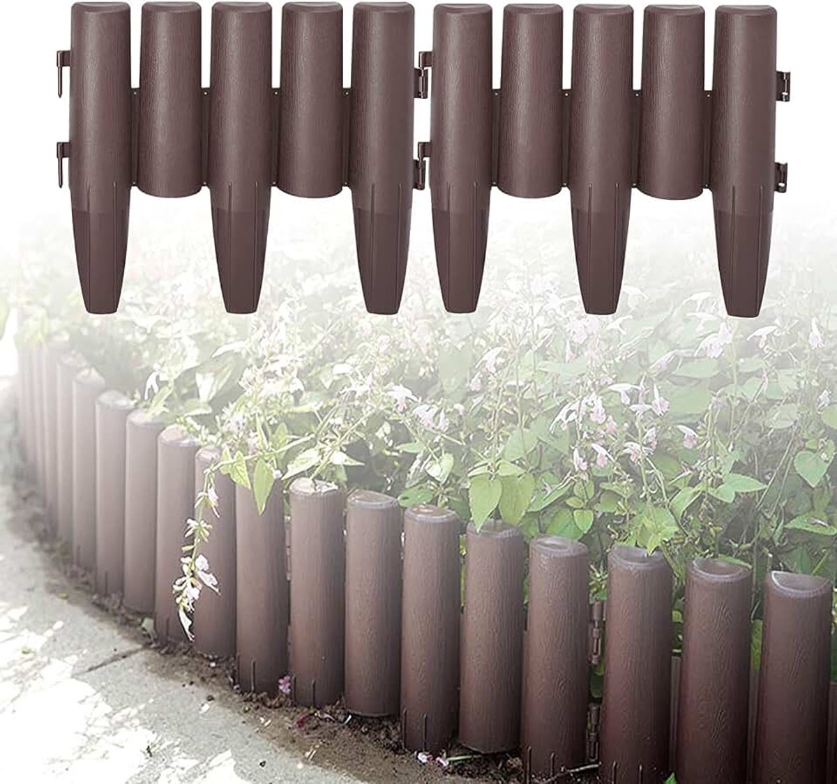 Gazonrand, 8,4 m, kunststof, houtlook, gazonrand, maaikant, tuinrand, weerbestendig, tuinpalissade, beetzaun, 1 element (l x h): 28 x 24 cm, bruin