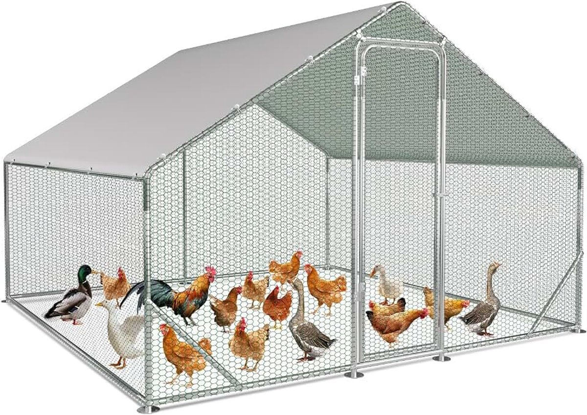 Vrijloophok kippenhok verzinkt staal hok voor kleine dieren kippenhok dak gevogeltehok met zonnedak en deur voor huisdierkooi kippenkooi vogelkooi kleine dieren planten